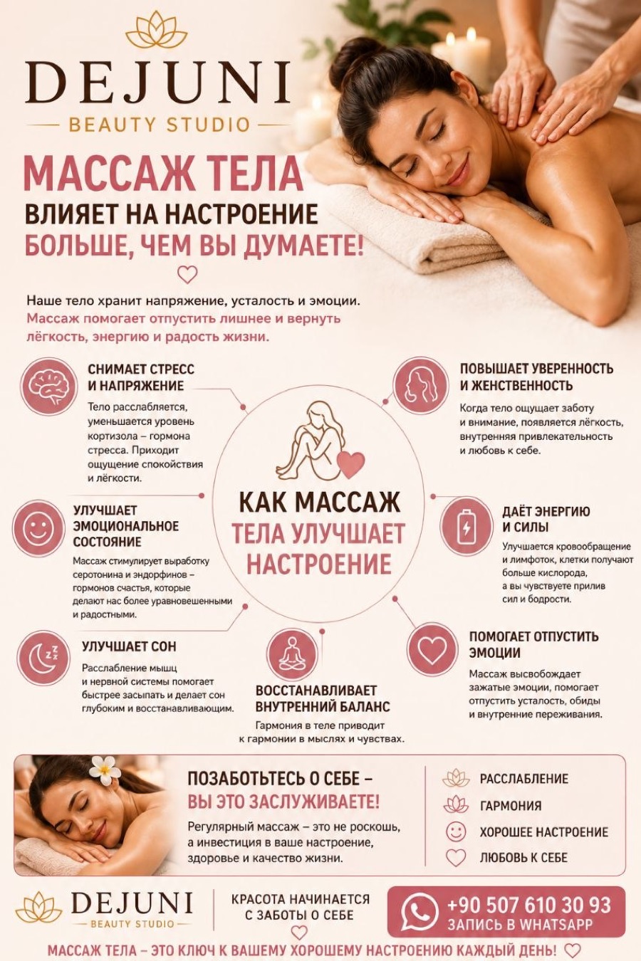 DEJUNI BEAUTY STUDIO ✨
Массажи лица и тела:
• Миофасциальный массаж лица
• Кобидо
• Коруги
• Классический массаж тела
• Лимфодренажный массаж
• Антицеллюлитный массаж
• Массаж стоп
• Массаж головы и шейно-воротниковой зоны
Красота. Лёгкость. Забота о себе. 🤍